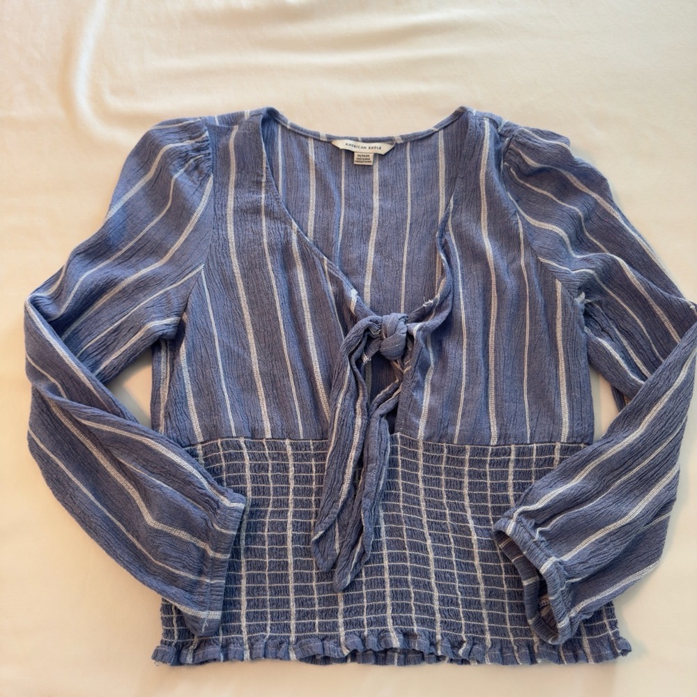 American Eagle Outfitters Navy and White Ruffled Top